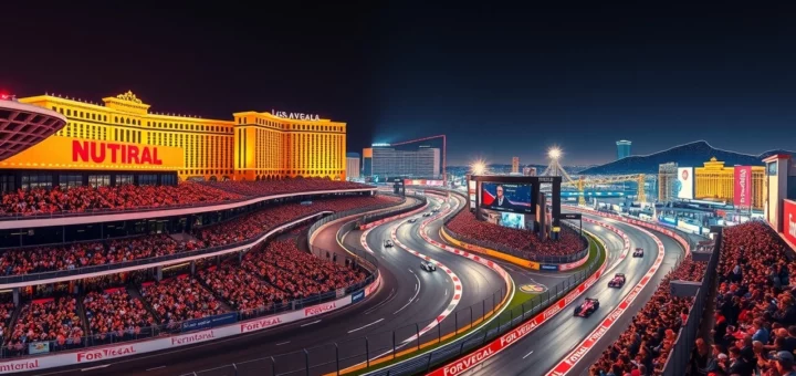Une illustration photoréaliste du circuit de Formule 1 de Las Vegas, mettant en avant les défis techniques et stratégiques.