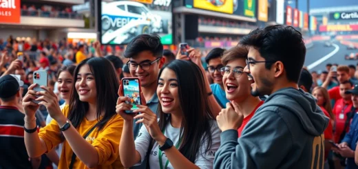 Jeunes fans de Formule 1 interagissant avec les médias sociaux.
