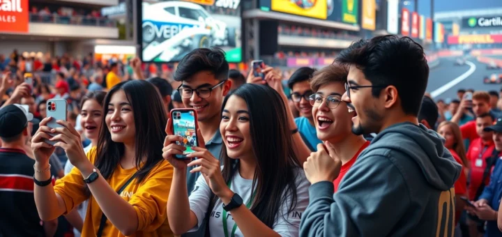 Jeunes fans de Formule 1 interagissant avec les médias sociaux.