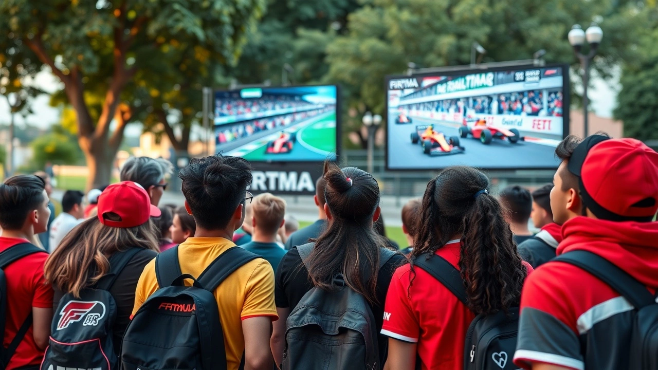 groupe de jeunes fans de Formule 1 regardant une course
