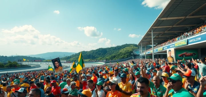 Une scène vibrante du jour de course Ayrton Senna 2025 célébrant 20 ans d'hommages avec une foule enthousiaste à Interlagos.