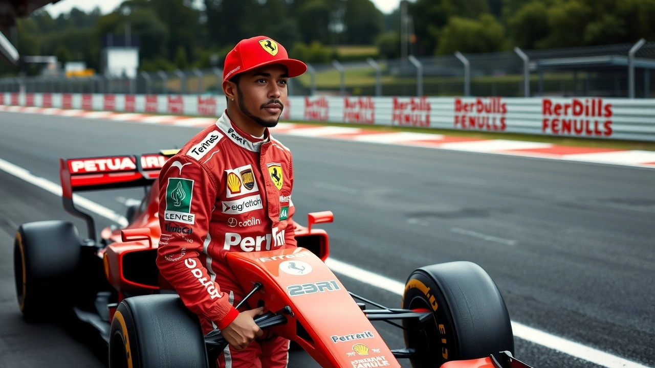 Lewis Hamilton en combinaison Ferrari avec une voiture de F1