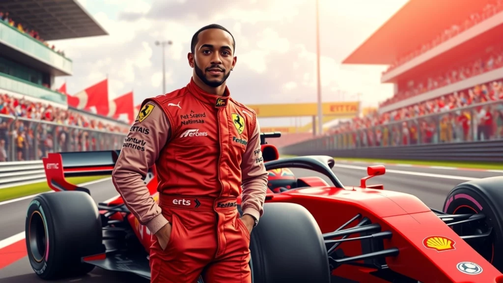 Lewis Hamilton en tenue Ferrari sur un circuit de Formule 1 en 2025.