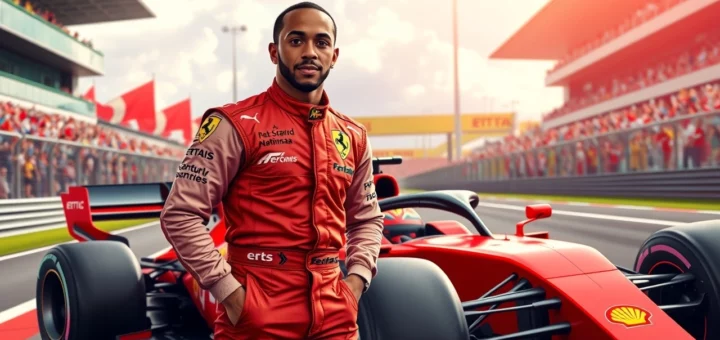 Lewis Hamilton en tenue Ferrari sur un circuit de Formule 1 en 2025.