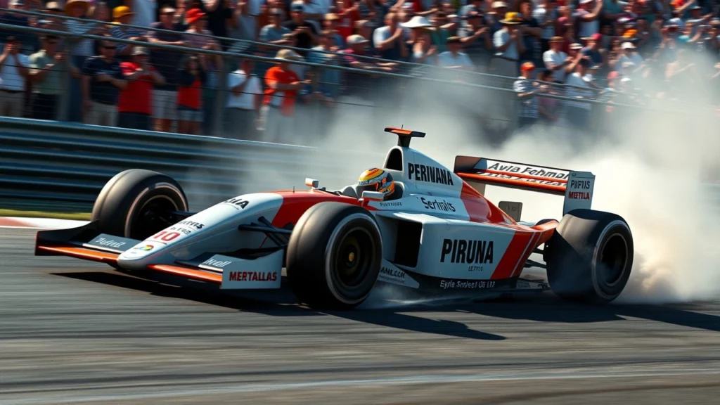 Une illustration du style de conduite audacieux d'Ayrton Senna sur un circuit de course.