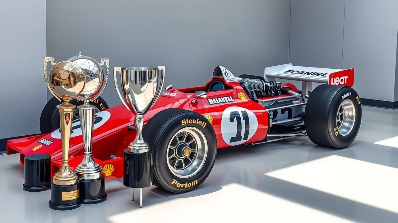 trophes de course et une voiture de F1 classique