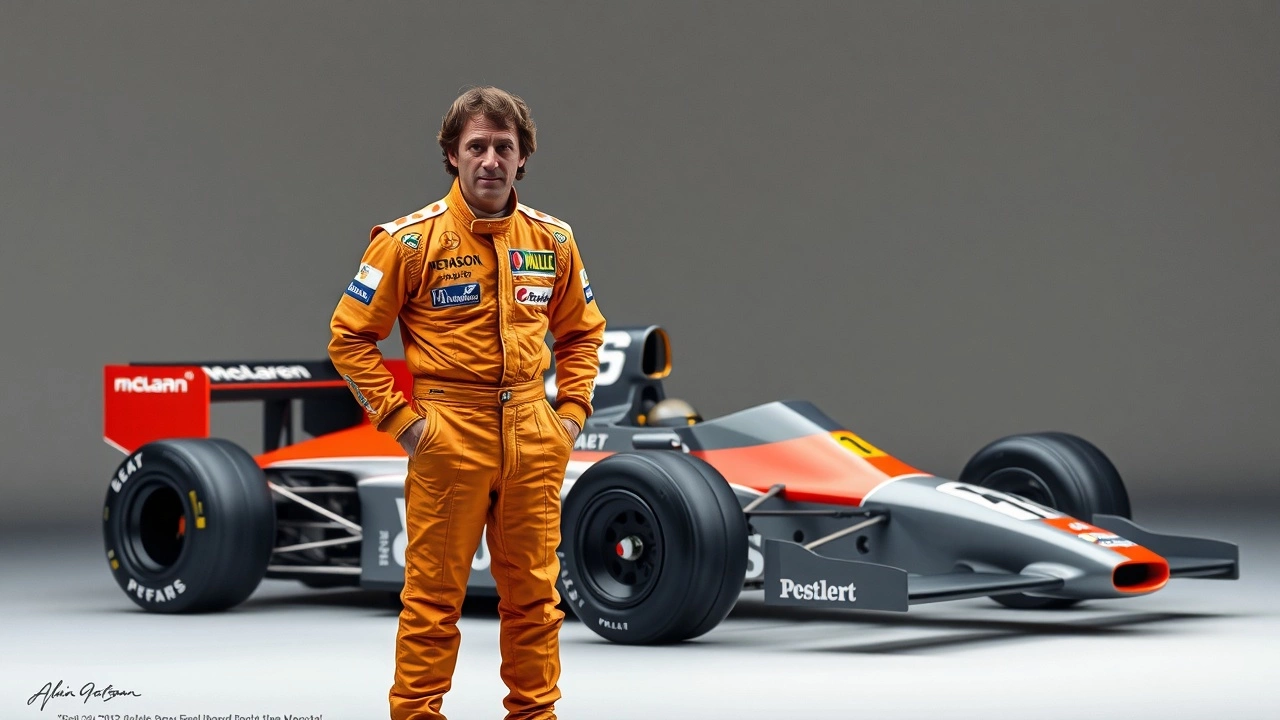 Alain Prost devant la voiture McLaren M29 en 2025