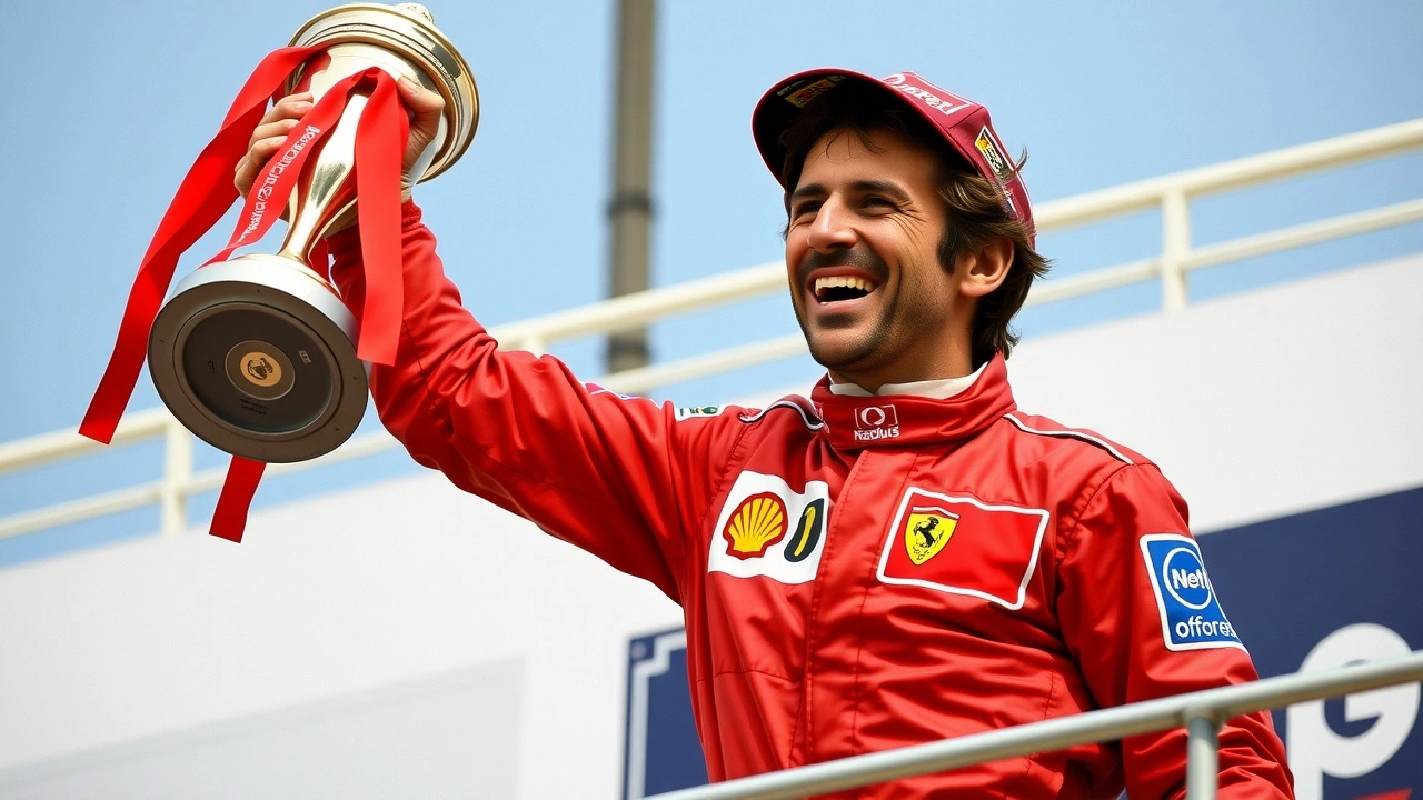 Alain Prost sur un podium avec un trophée
