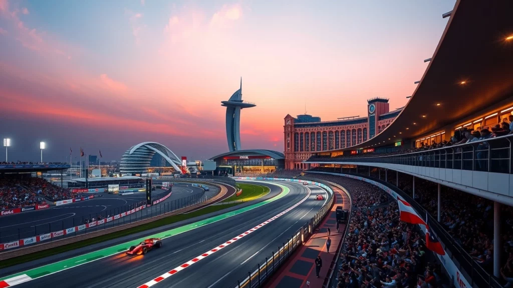 Une illustration photoréaliste du circuit de Yas Marina pendant le Grand Prix d'Abou Dabi.
