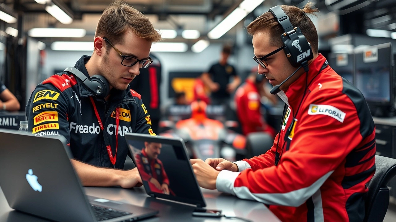 ingénieurs de F1 analysant des données dans le garage