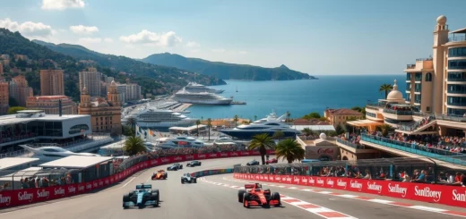 Scène du Grand Prix de Monaco 2025 avec voitures de course et paysage magnifique.