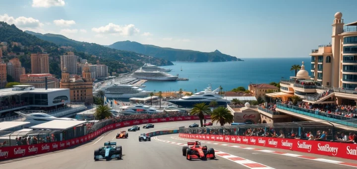 Scène du Grand Prix de Monaco 2025 avec voitures de course et paysage magnifique.