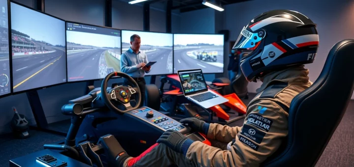Une simulation photoréaliste montrant un simulateur de Formule 1 dans un centre d'entraînement moderne, avec un pilote en action et un entraîneur qui analyse des données de performance.