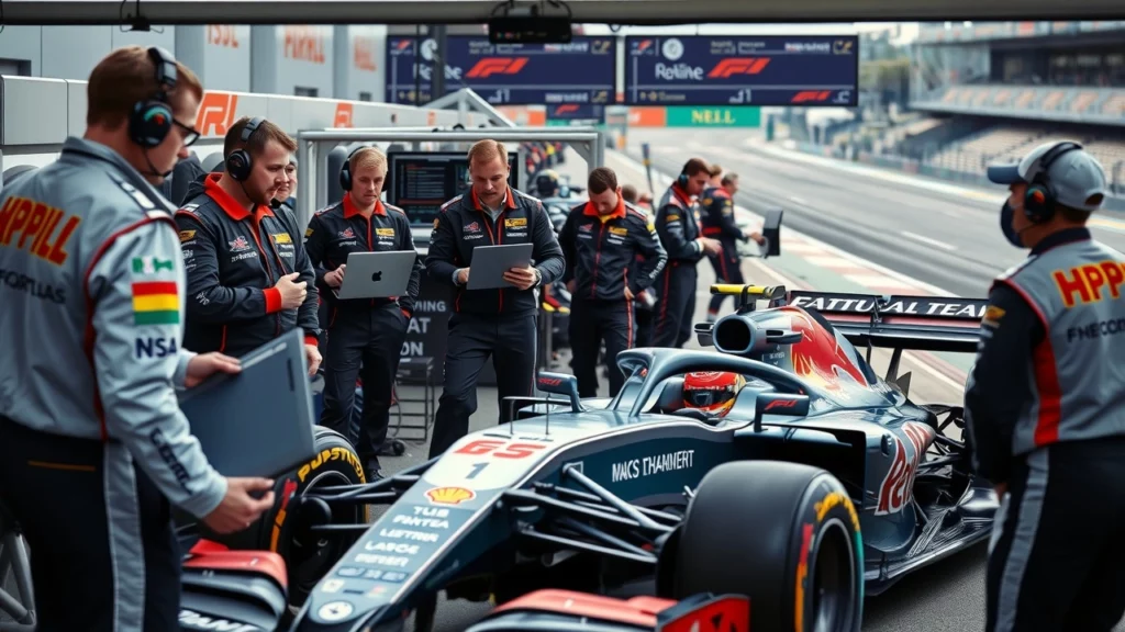 Une illustration photographique d'une équipe de F1 gérant les performances des pilotes lors d'un arrêt au stand.