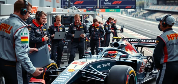 Une illustration photographique d'une équipe de F1 gérant les performances des pilotes lors d'un arrêt au stand.