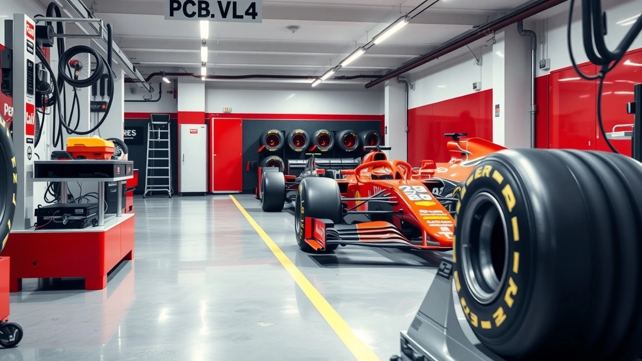 équipement de test de pneus dans un garage de Formule 1