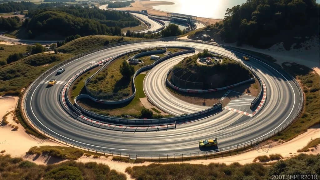 Une image photorealiste du circuit de Zandvoort, montrant ses caractéristiques uniques et ses défis.