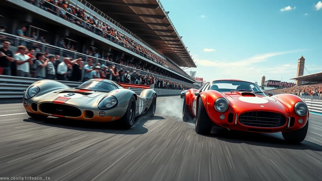 Scène de course automobile illustrant des rivalités légendaires, remplie d'adrénaline et de passion.