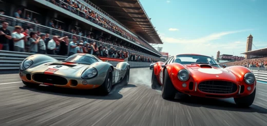 Scène de course automobile illustrant des rivalités légendaires, remplie d'adrénaline et de passion.