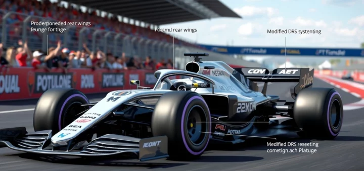 Une voiture de Formule 1 futuriste illustrant les nouvelles restrictions techniques sur les ailerons arrière et le DRS en 2025.