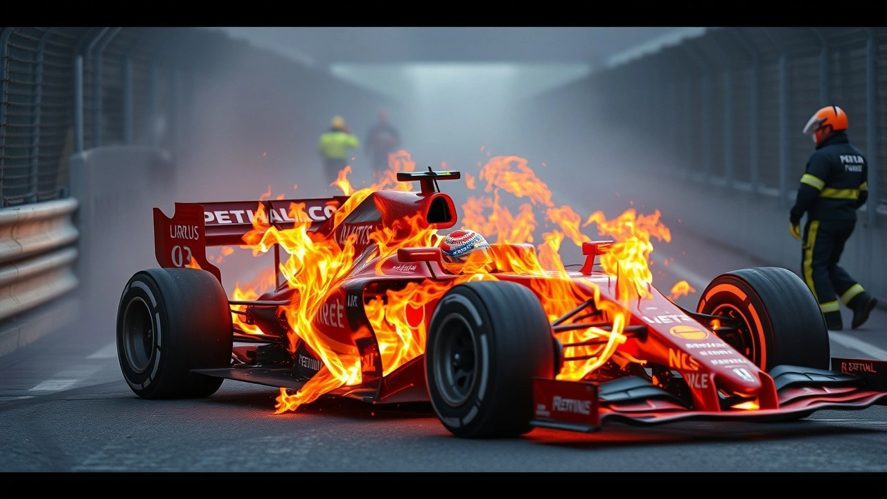 accident d'une voiture de Formule 1 en feu