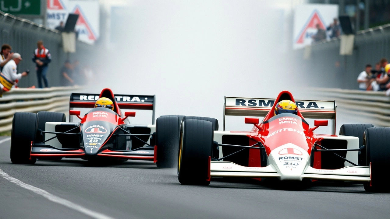 Alain Prost et Ayrton Senna en course de F1