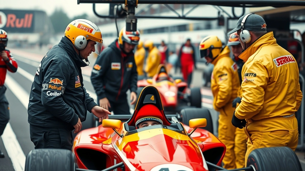 Alain Prost parlant avec l'équipe de Formule 1