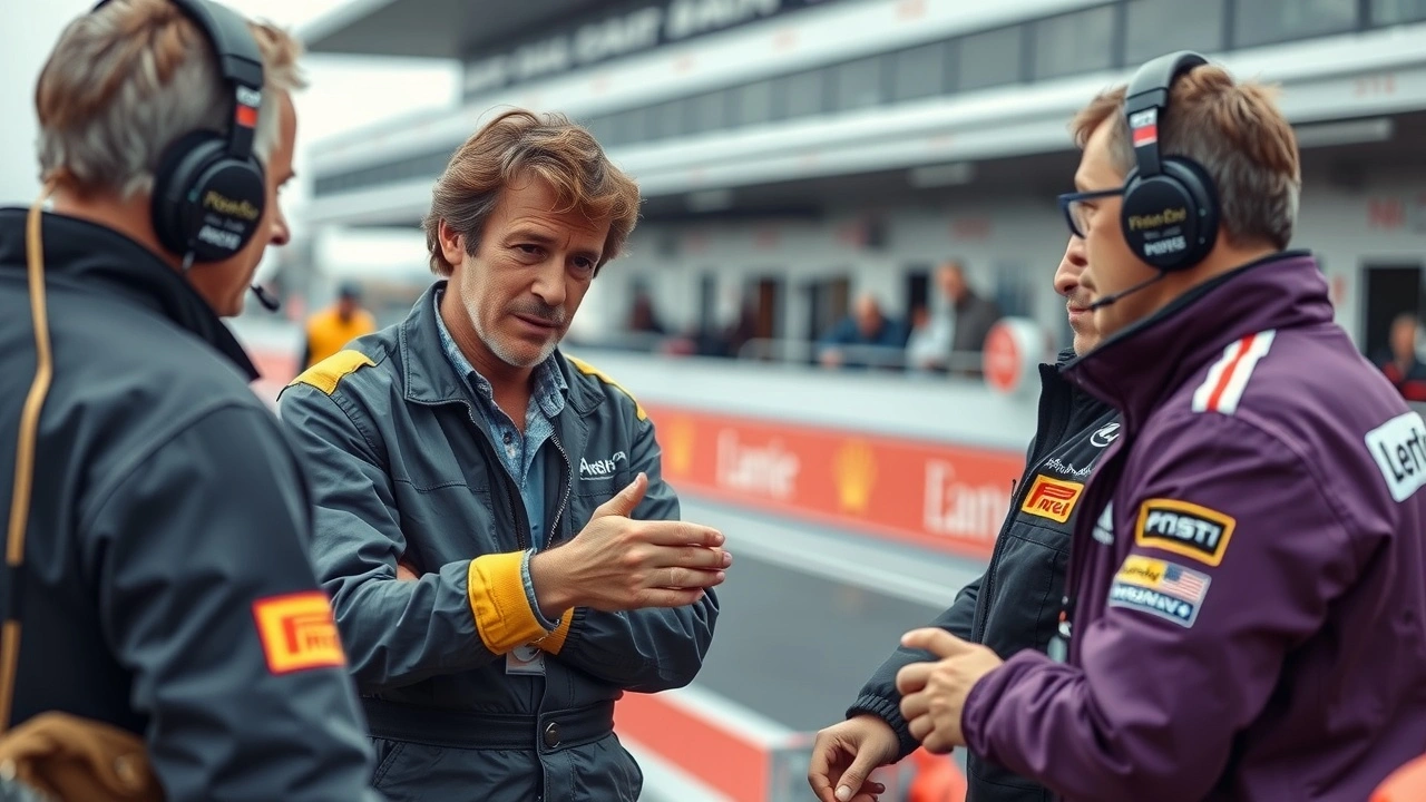 Alain Prost avec des ingénieurs en Formule 1