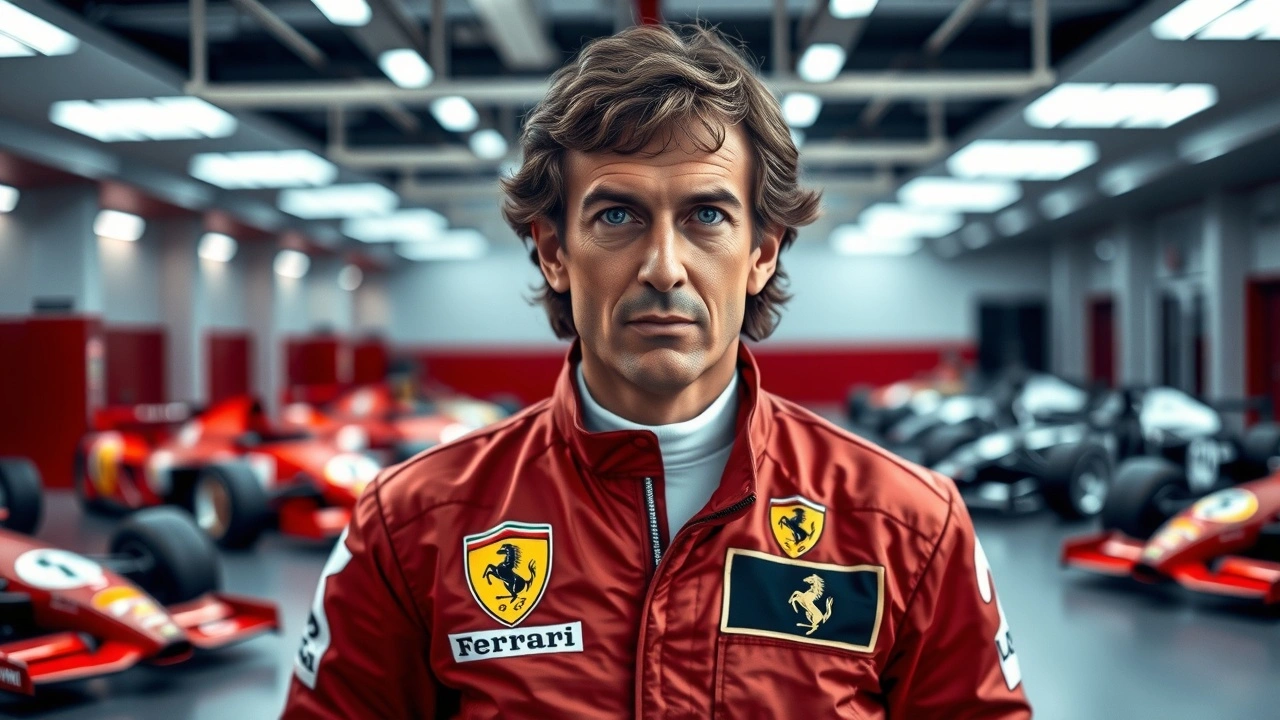 Alain Prost dans une combinaison Ferrari dans un garage