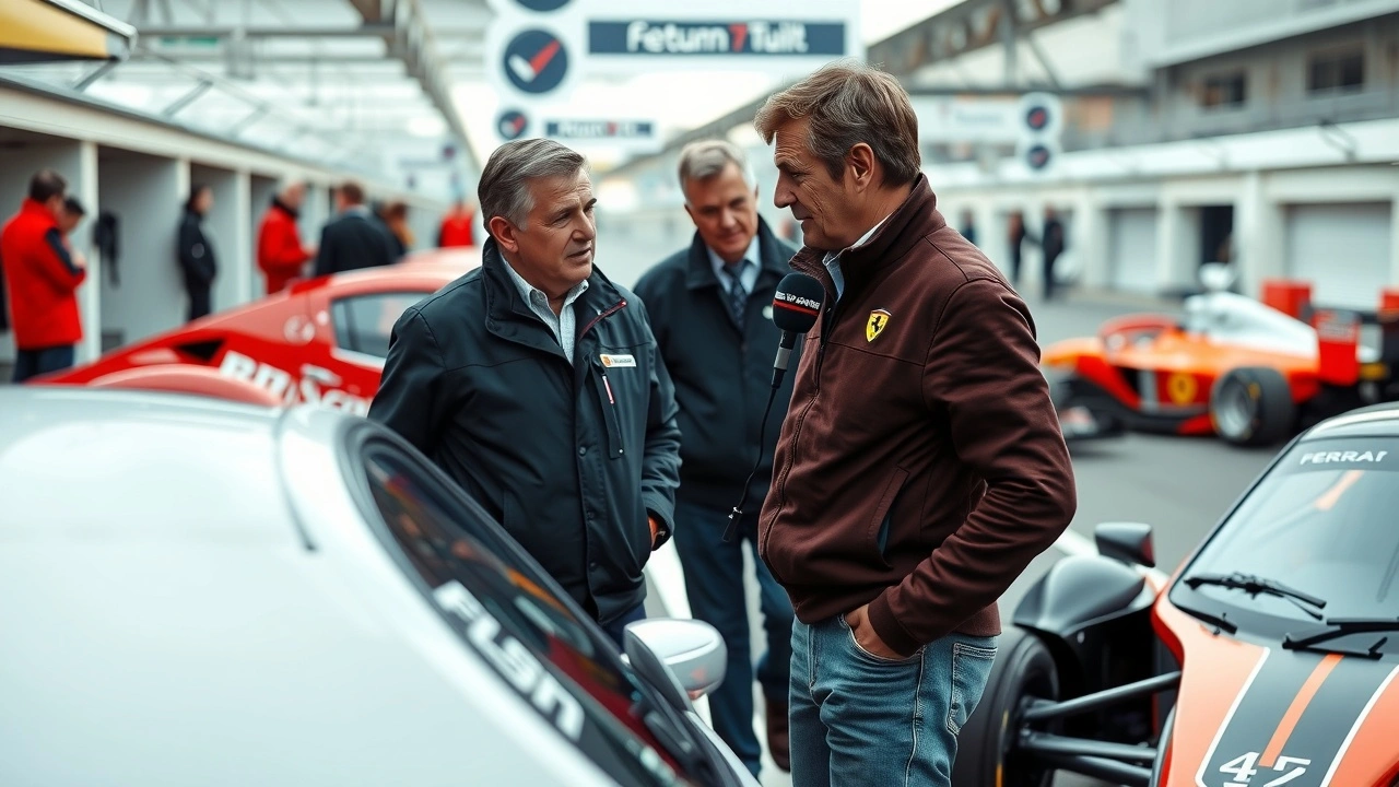 Alain Prost avec des voitures de F1 Ferrari et McLaren