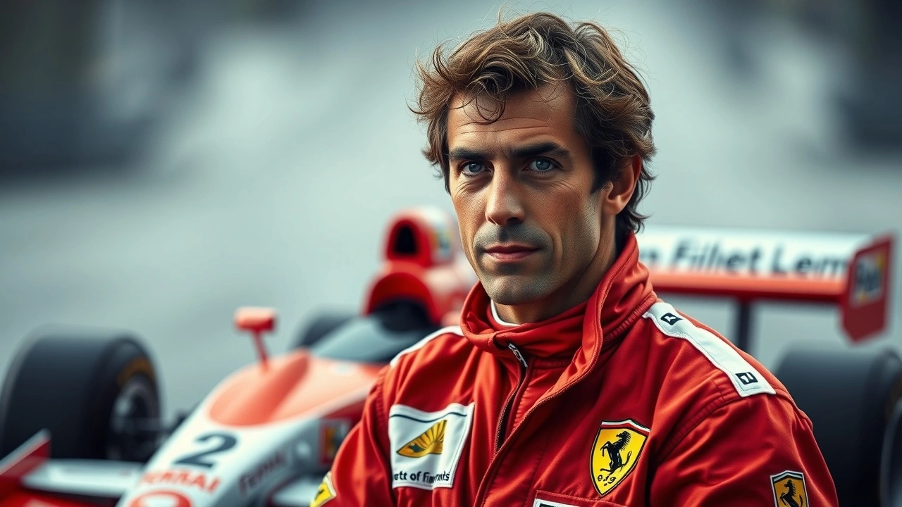 Alain Prost dans une combinaison Ferrari avec une voiture