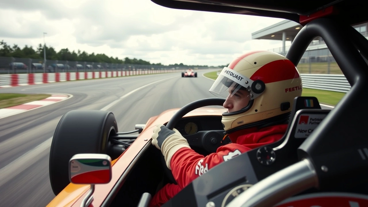 Alain Prost pilotant une voiture de Formule 1 sur circuit