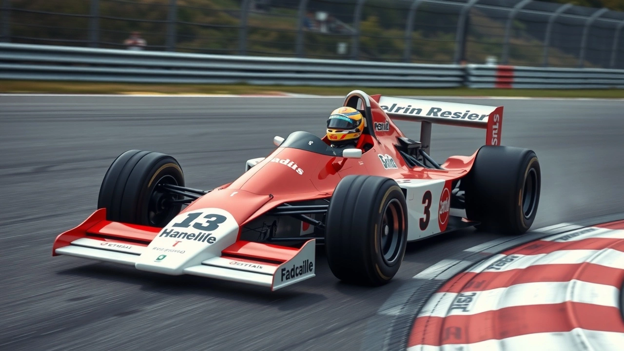 Alain Prost conduisant une voiture de Formule 1 sur un circuit