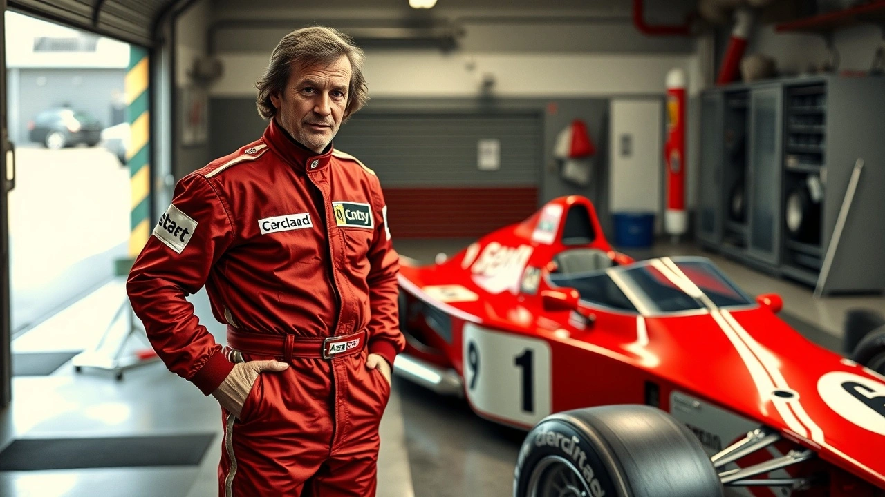Alain Prost dans un garage de Formule 1