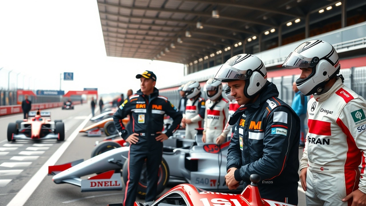 Alain Prost avec jeunes pilotes de F1 sur circuit