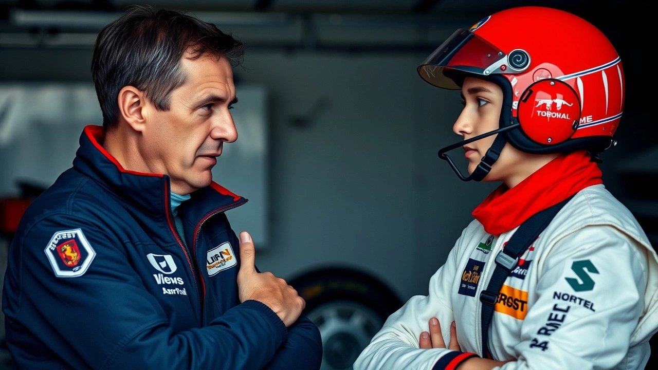 Alain Prost mentor un jeune pilote dans un garage