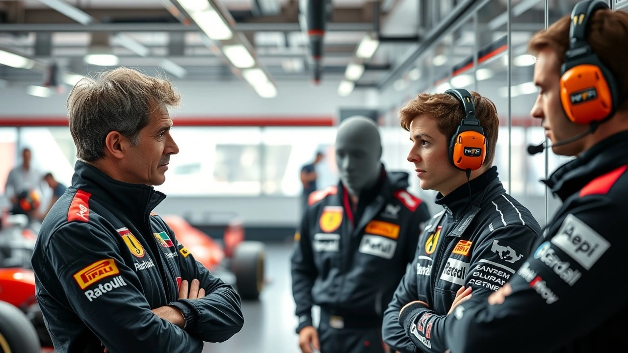 Alain Prost dans un garage avec des pilotes de reserve