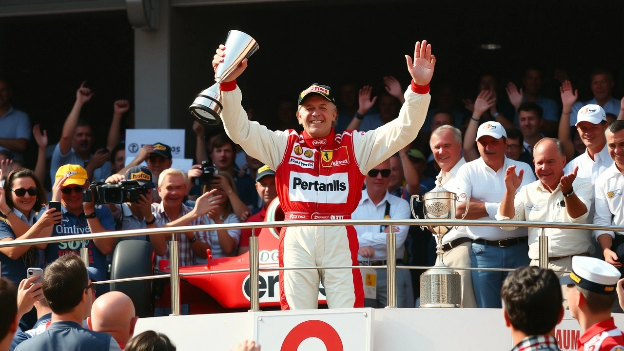 Alain Prost sur le podium avec des trophées
