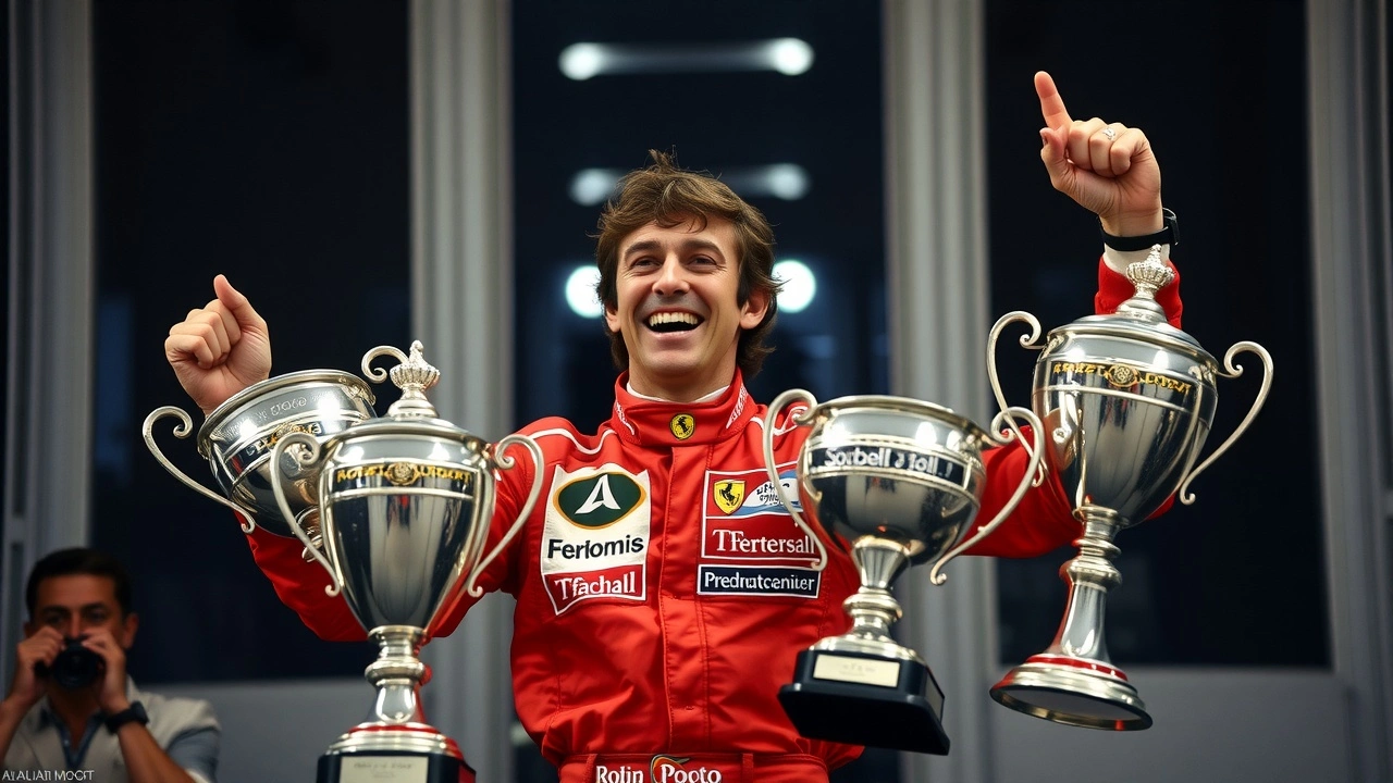 Alain Prost avec ses quatre trophées de champion du monde