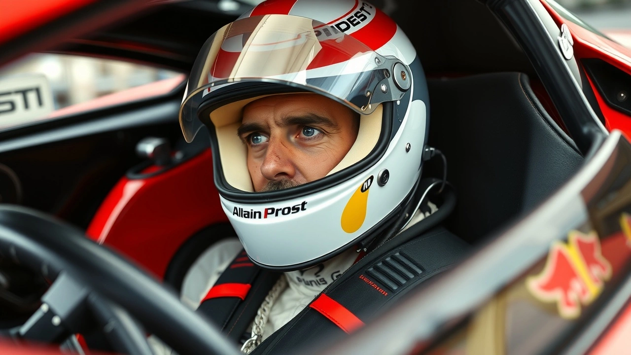 Alain Prost dans une voiture de course avec des mesures de sécurité