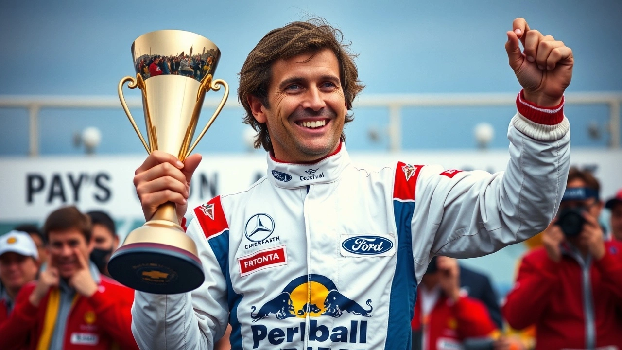 Alain Prost avec un trophée en célébration