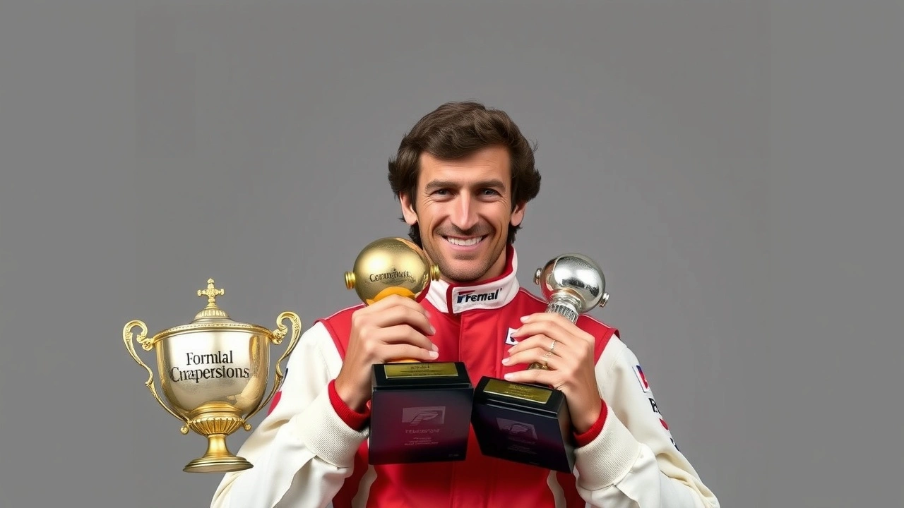 Alain Prost tenant ses trophées de championnat du monde