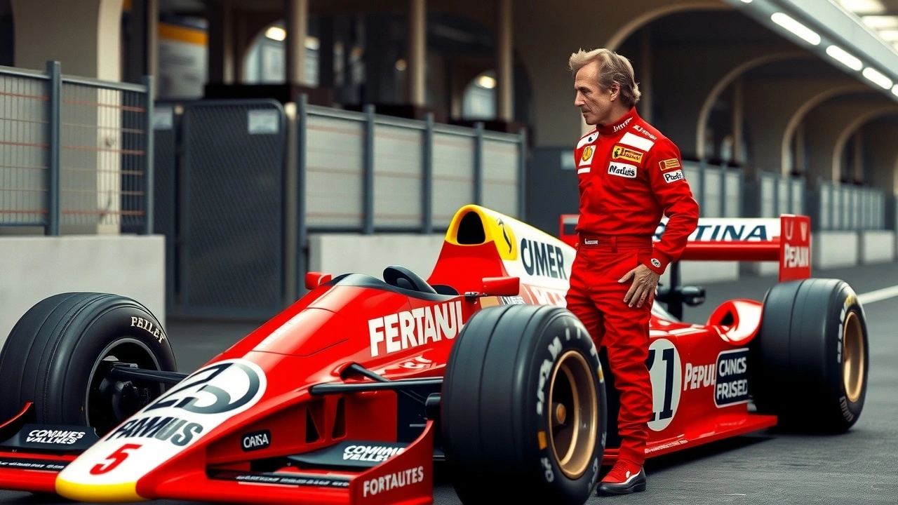 Alain Prost debout avec sa voiture de Formule 1