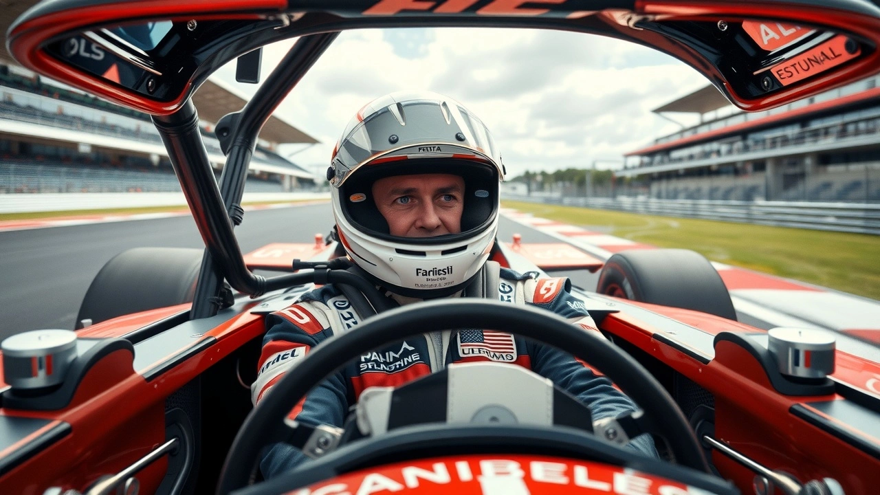 Alain Prost dans une voiture de Formule 1 sur un circuit