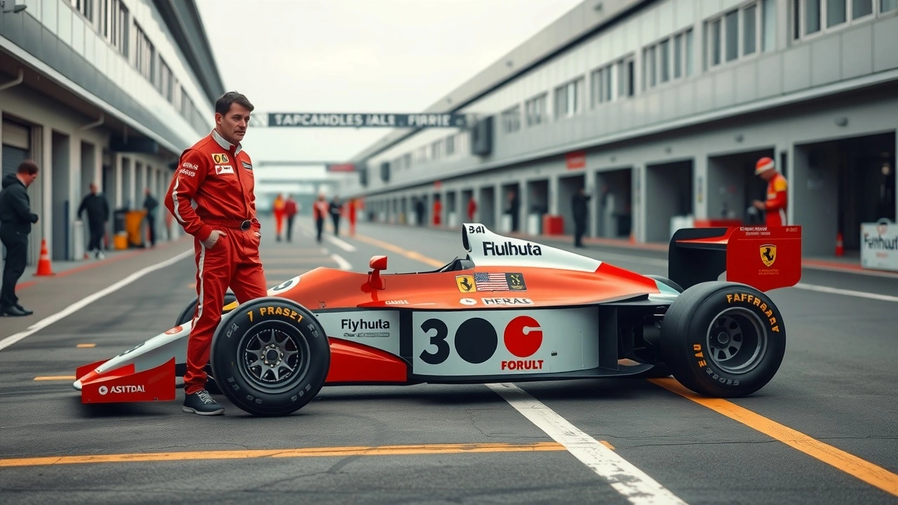 Alain Prost devant sa voiture de Formule 1