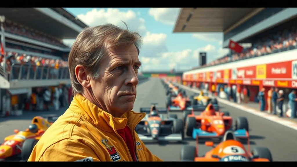 Alain Prost pensif au circuit de Formule 1, entouré de voitures de course et de l'ambiance d'un événement de sport automobile.