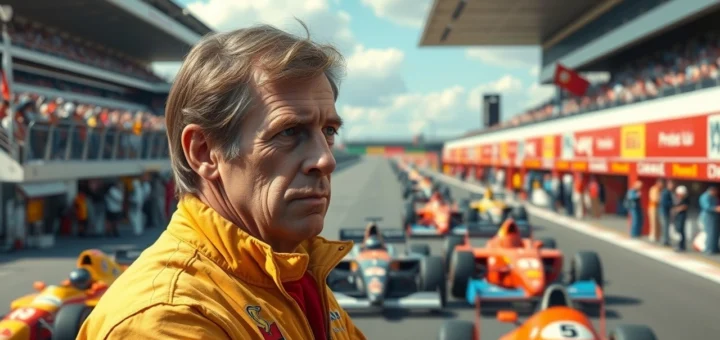 Alain Prost pensif au circuit de Formule 1, entouré de voitures de course et de l'ambiance d'un événement de sport automobile.