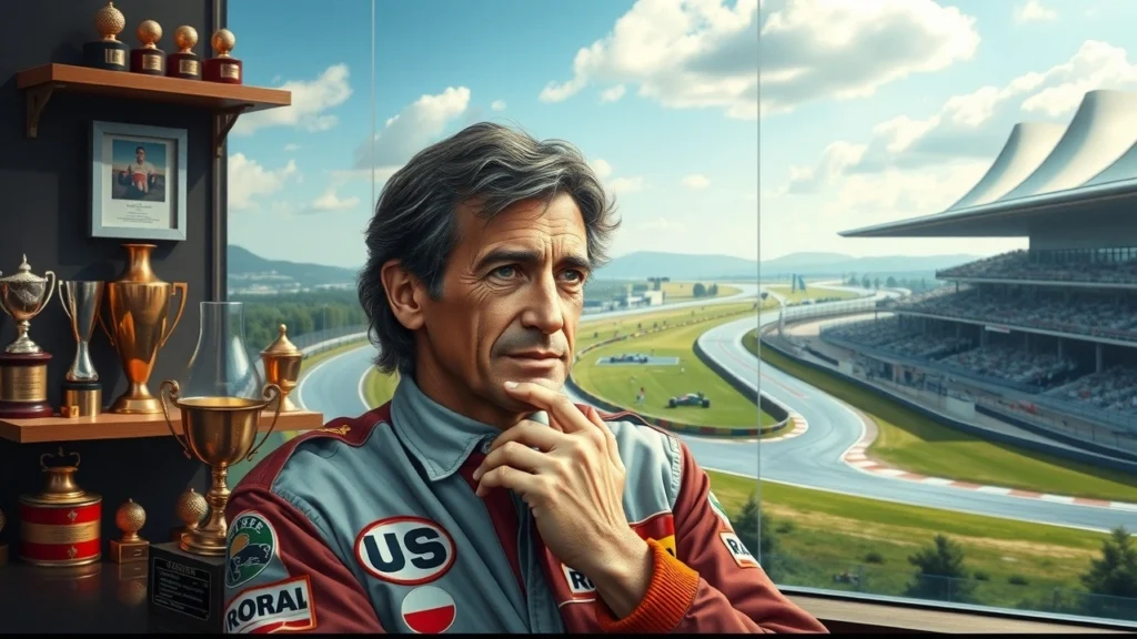 Un portrait photoréaliste d'Alain Prost, le légendaire pilote de Formule 1, dans un environnement serein représentant son héritage au-delà des circuits.