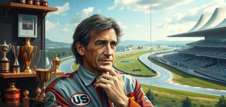 Un portrait photoréaliste d'Alain Prost, le légendaire pilote de Formule 1, dans un environnement serein représentant son héritage au-delà des circuits.