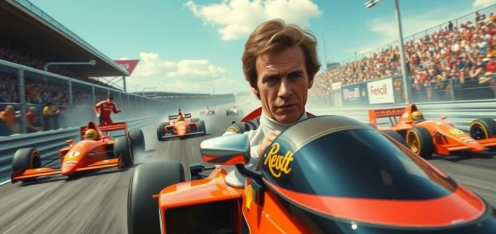 Illustration d'Alain Prost en course, capturant la rivalité en Formule 1.